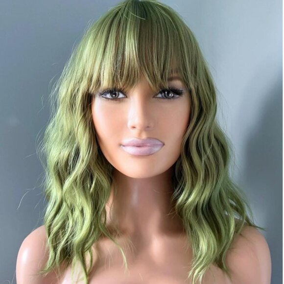 Short Green Wig 14 Inch Wavy Wig with Bangs - Clover - Picture 1 of 9